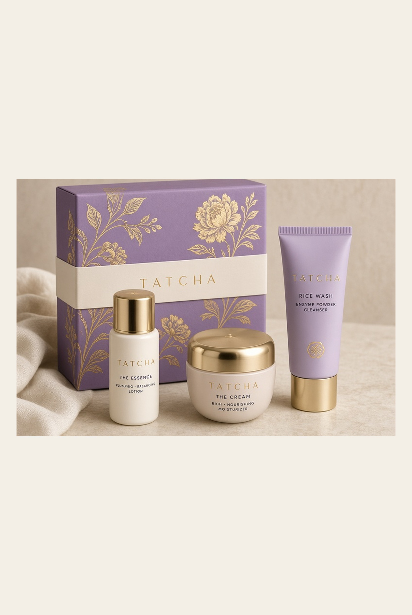 Tatcha Starter Ritual set arranged on cream linen