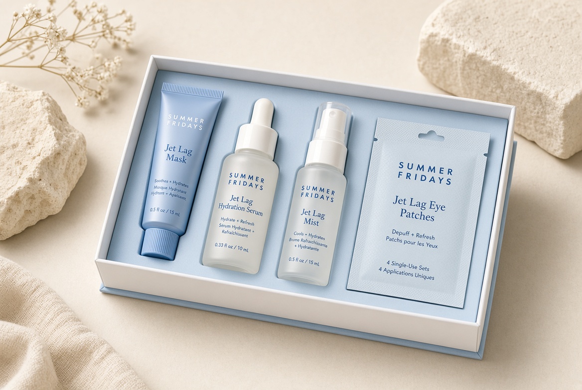 Summer Fridays Jet Lag Essentials Set — four travel minis: Mask + Moisturizer, Deep Hydration Serum, Skin Soothing Mist, and Eye Patches.