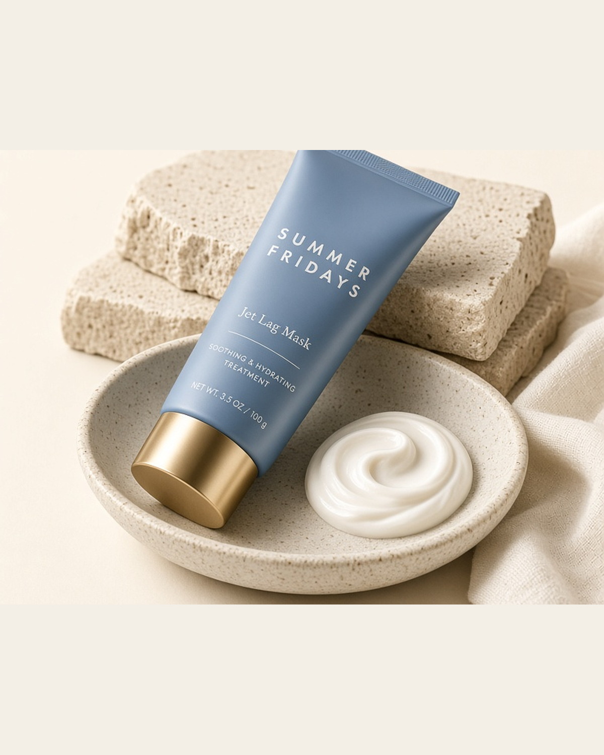 Summer Fridays Jet Lag Mask on a stone dish