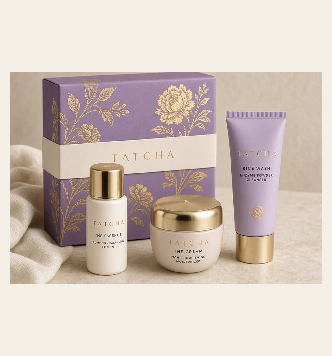 Tatcha Starter Ritual set arranged on cream linen