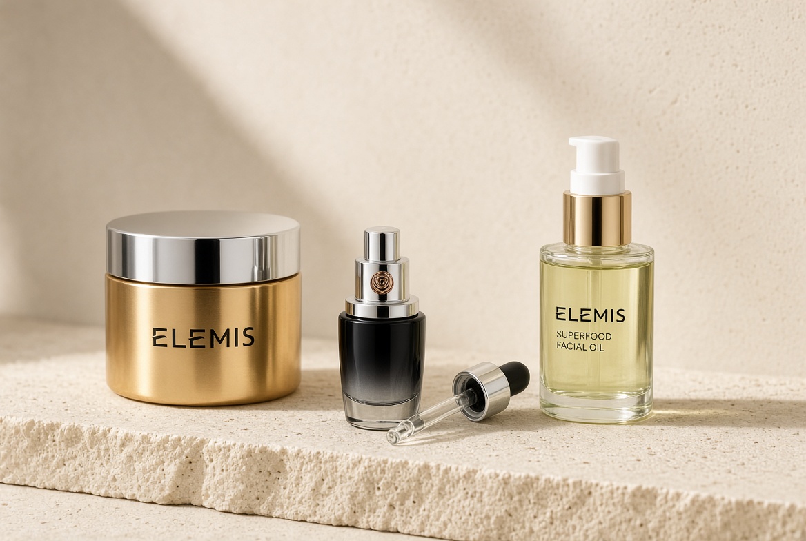 ELEMIS Pro-Collagen Cleansing Balm, Lancôme Génifique Ultimate Recovery Serum 1 oz, and ELEMIS Superfood Facial Oil arranged for a three-step evening ritual